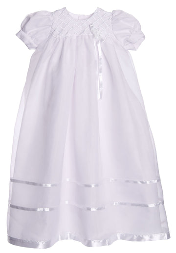 Long White Embroidered Organza Christening Baptism Gown with Bonnet - L (9-12 Month)