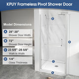 Pivot Shower Door, 28-30" W x 72" H Frameless Single Swing Glass Shower Door with Explosion-Proof Film Nano Coating