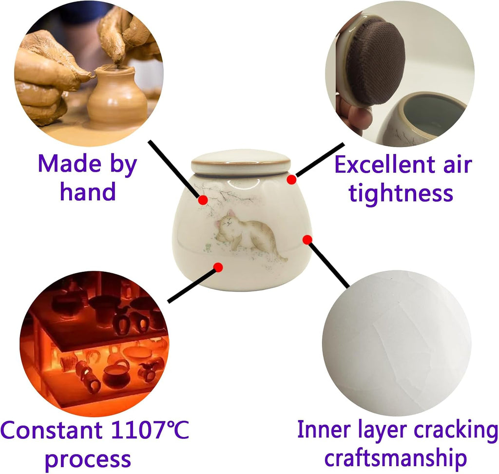 White Porcelain Cat Urn with Sleeping Kitty Pattern, 0.22L Capacity