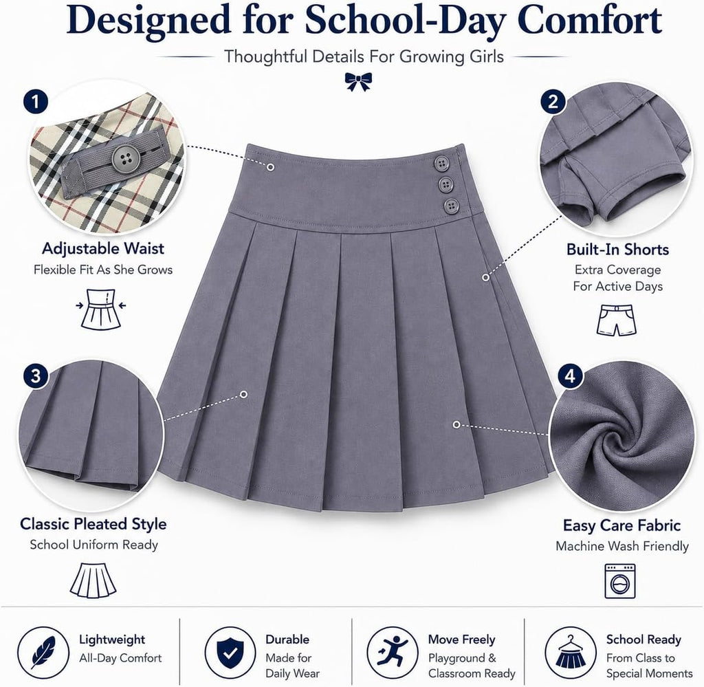 Girls Uniform Pleated Skirt: Adjustable Waist Skort