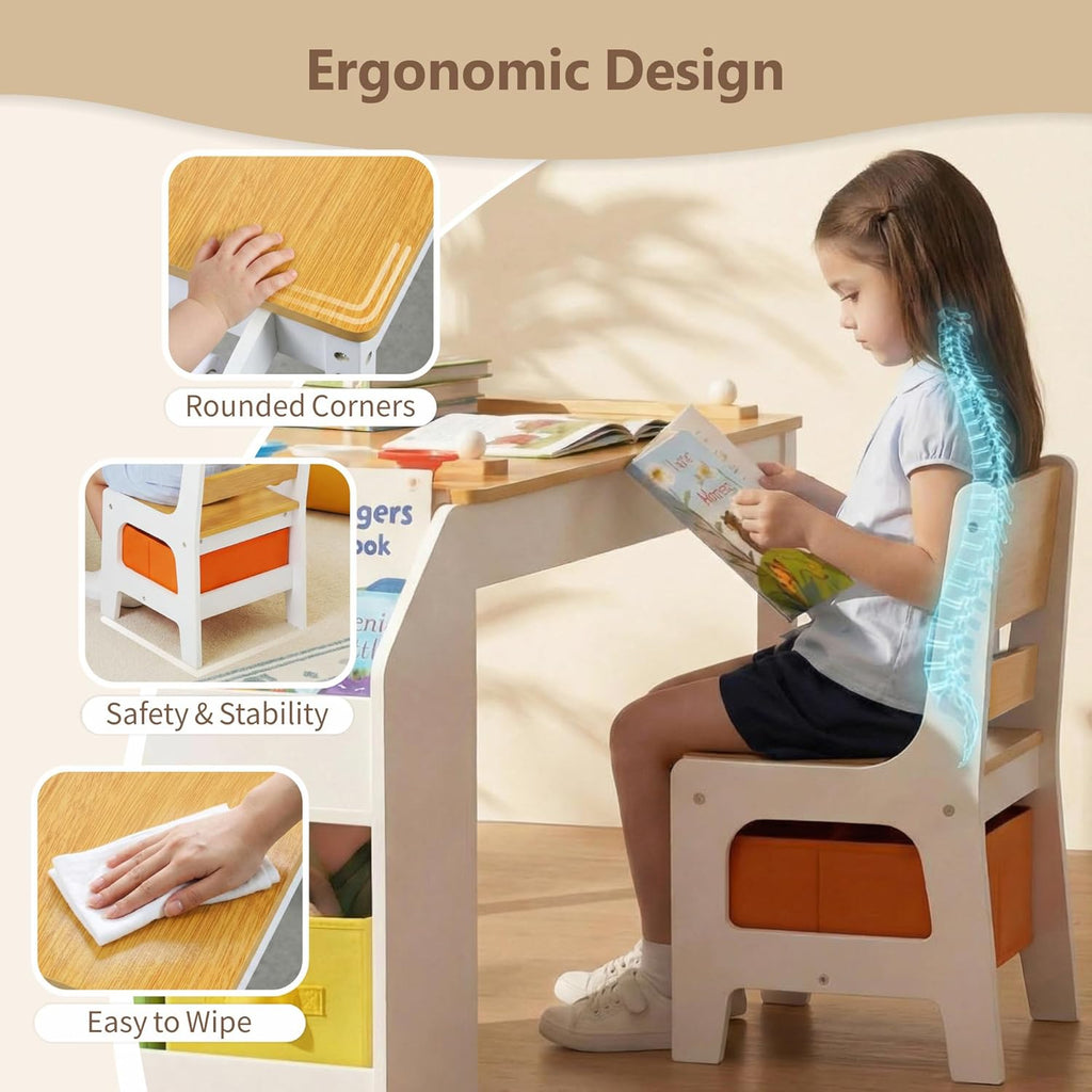 Kids Art Table & 2 Chairs Set, Bookshelf, Natural & White