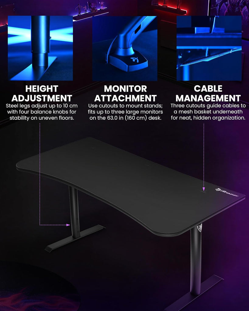 Arena Ultrawide Curved Gaming Desk Pure Black | Full Surface Water-Resistant Desk Mat, Monitor Mount Cut-Outs, Cable