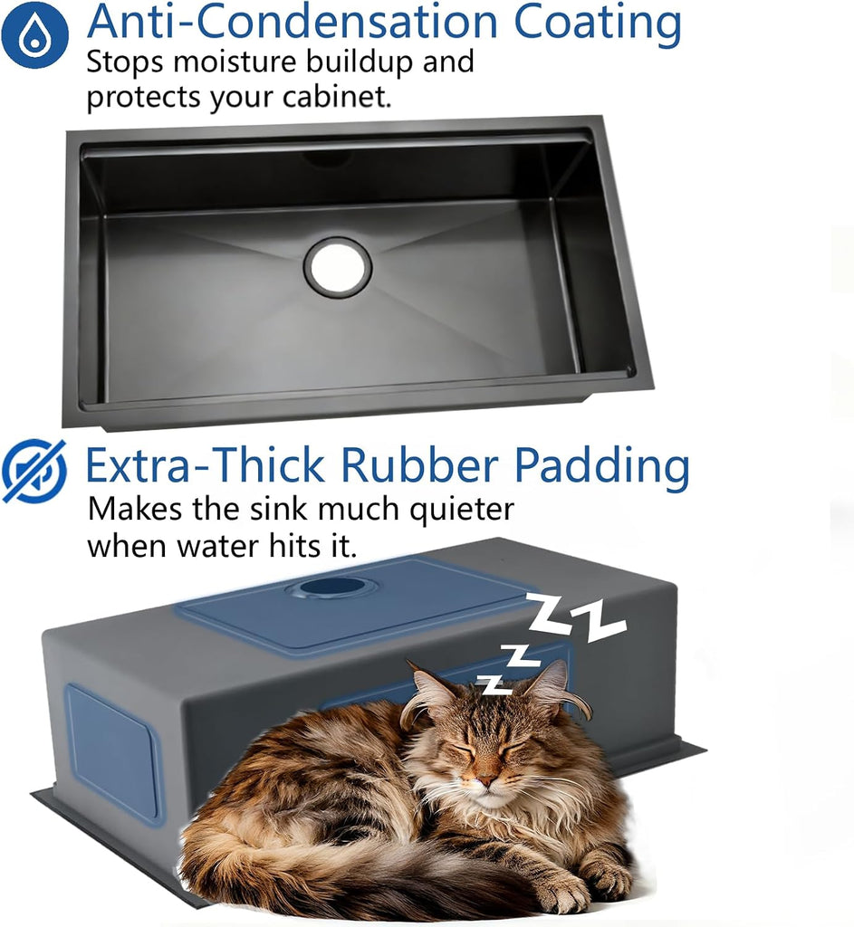 Black Stainless Steel Kitchen Sink: 32in Single Bowl Undermount Workstation | 8.625" Deep Single Bowl 304 Stainless