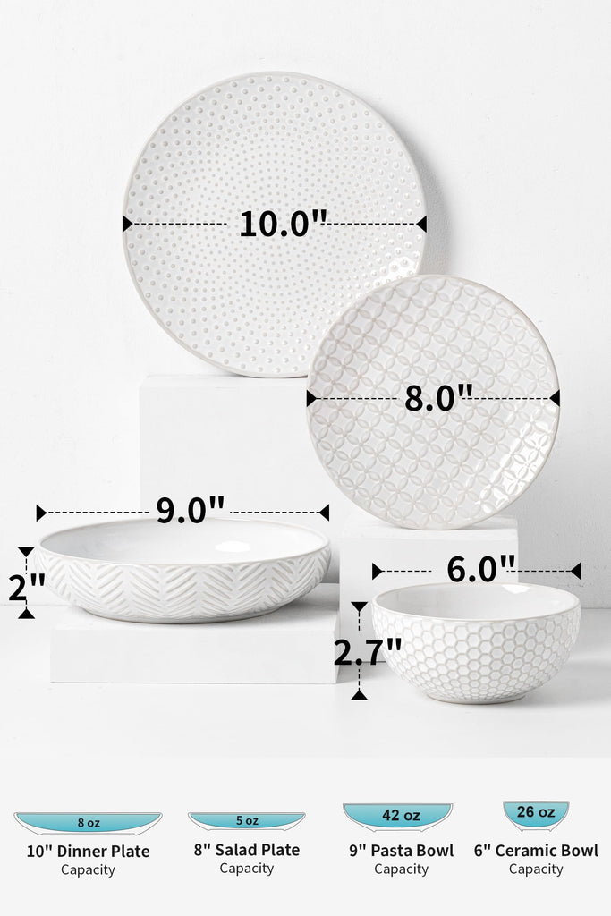 24 Piece Dinnerware Sets for 8, Premium Stoneware Plates and Bowls Sets with pasta and soup bowls, Microwave &