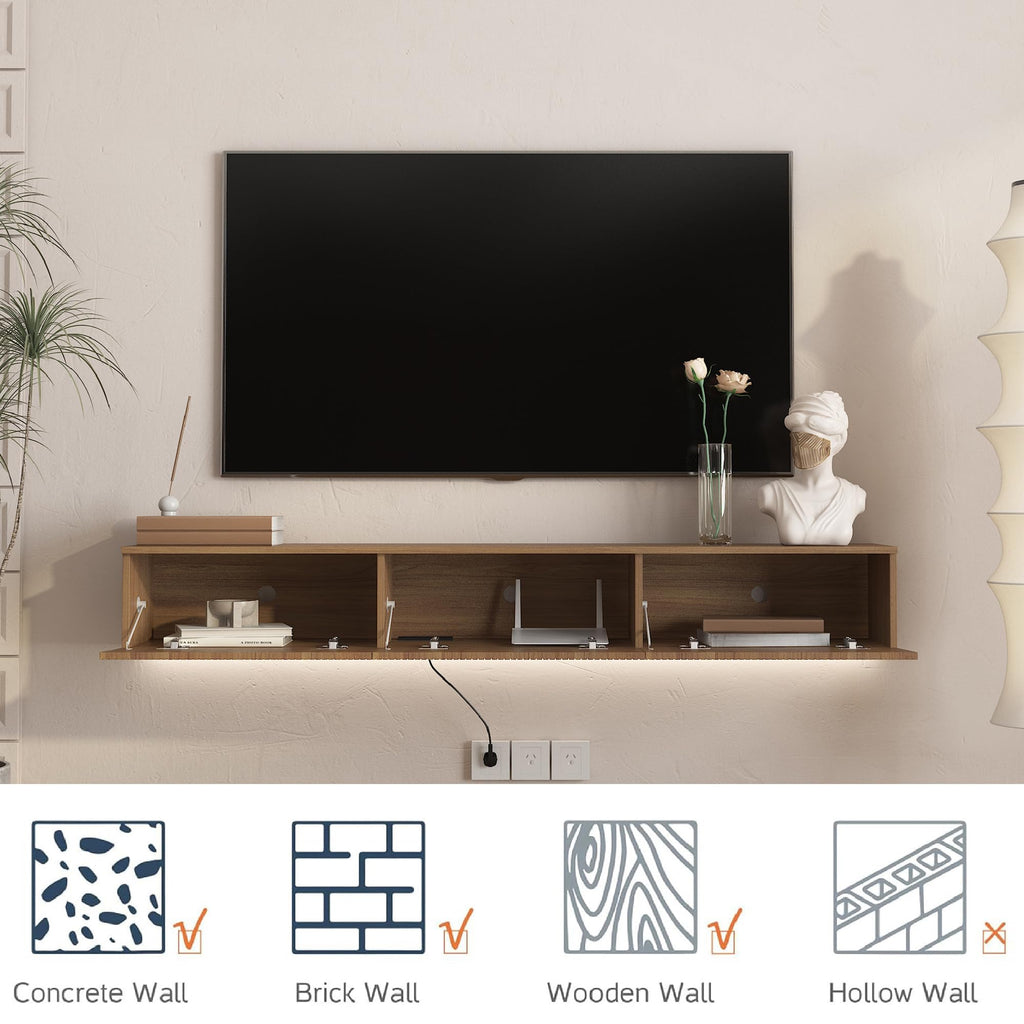 65" Floating TV Stand Wall Mounted, 16-Color LED 4 Modes Modern Fluted TV Console with 3 Flip-Down Cabinets