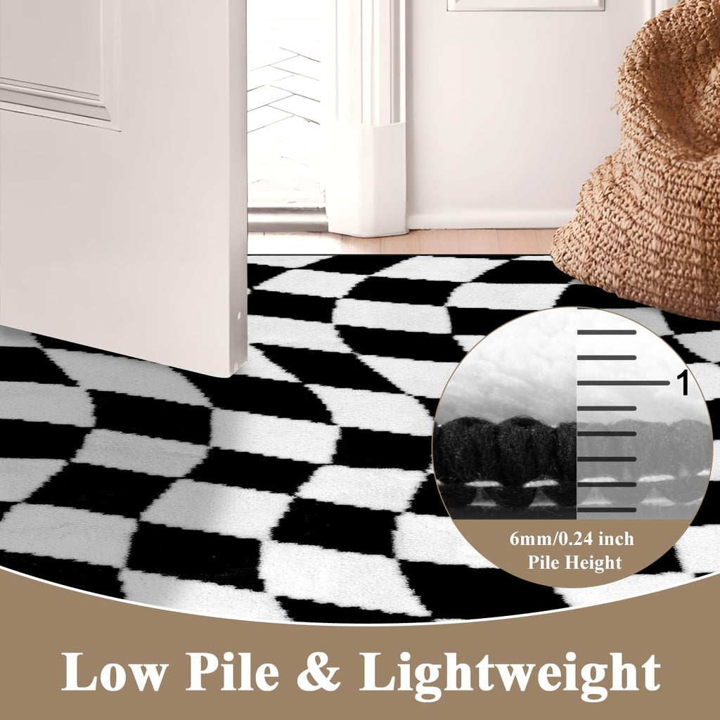 Large Checkered Area Rug, Non-Slip Soft Washable Living Room Rug with Rubber Backing, Low Pile Rug Floor Carpet