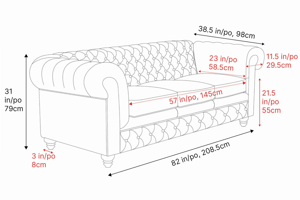 Parma Chesterfield 3 Seater Sofa 82" | Full Leather | Mid-Century Leather Couch with Classic Button Tufted Back, Wood