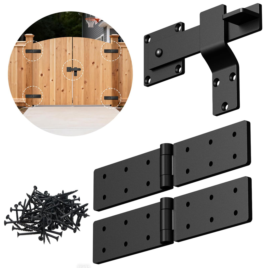 Fence Gate Hinge and Latch Set 2Pack Heavy Duty Gate Hardware Kit, 270 Degree Strap Gate Hinge & Adjustable
