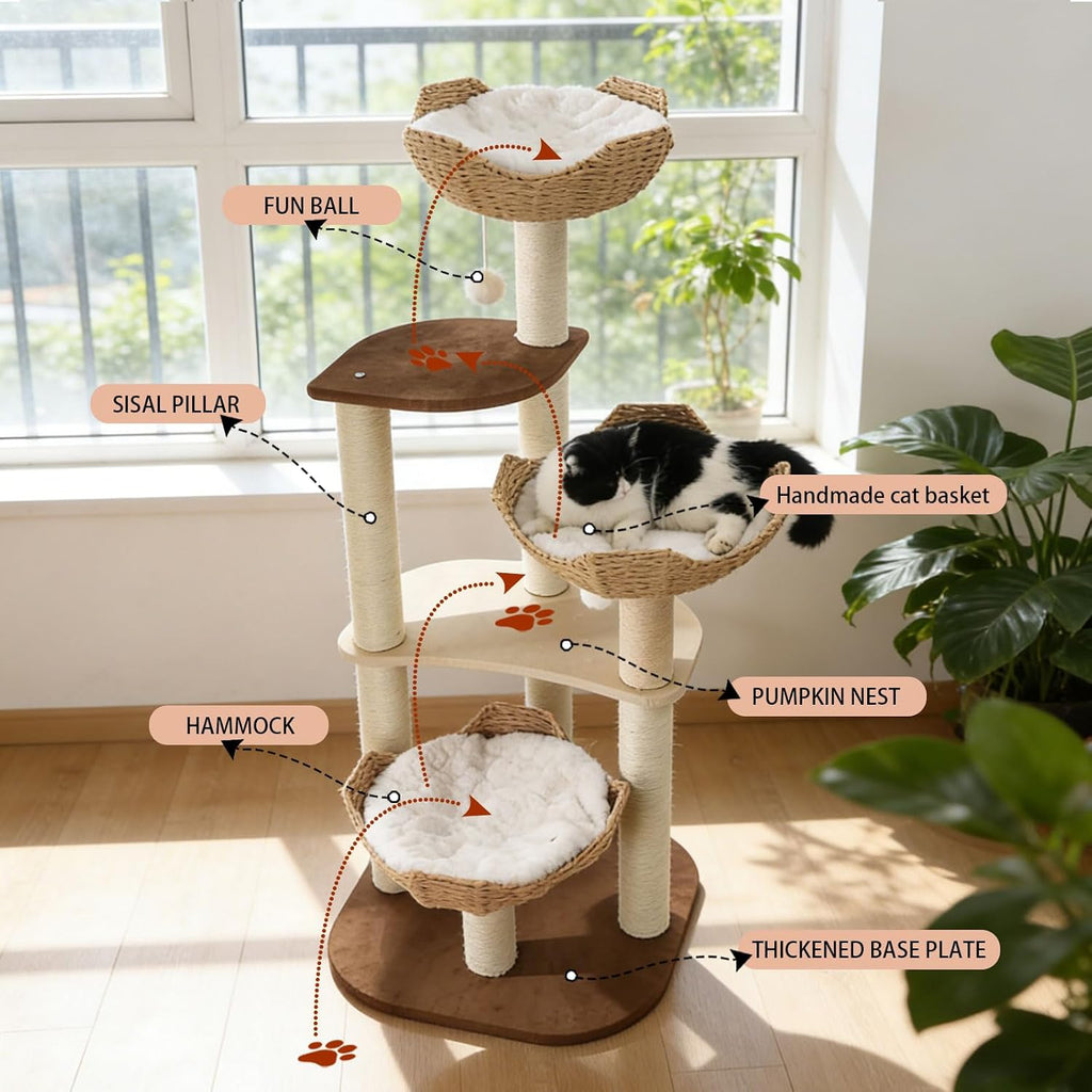 Cat Tree Tower, Modern Cat Tree with Hand-Woven Basket Nest, Sisal Posts, Extra Large 54 Inch Heavy-Duty Multi-Level