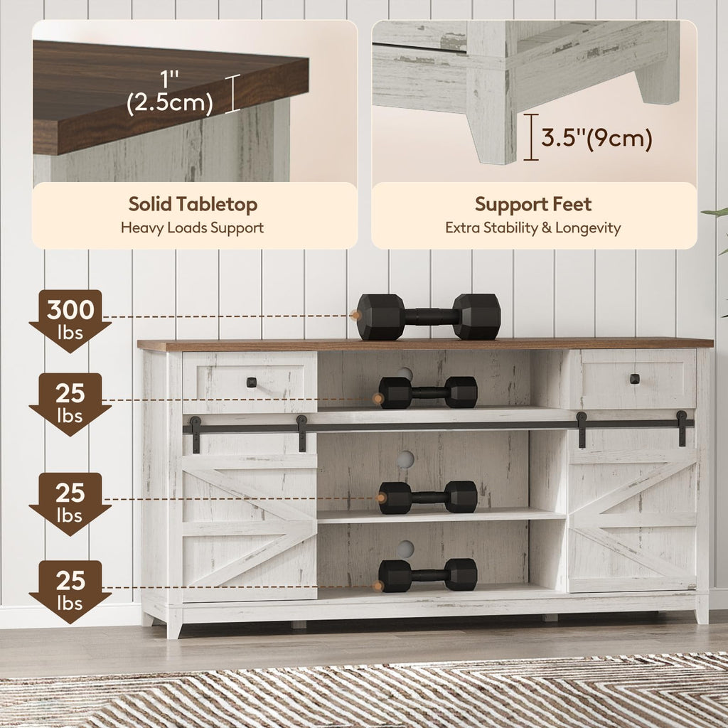 Farmhouse TV Stand for up to 75" TV, Entertainment Center with Adjustable Shelves, Sliding Barn Door and Open Storage