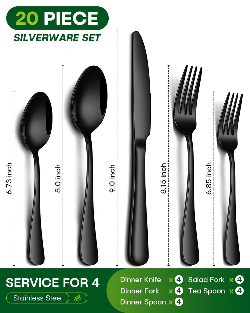 20 Piece Black Silverware Set, Stainless Steel Flatware Set for 4 Food Grade Novelty Flatware Cutlery Utensil Set