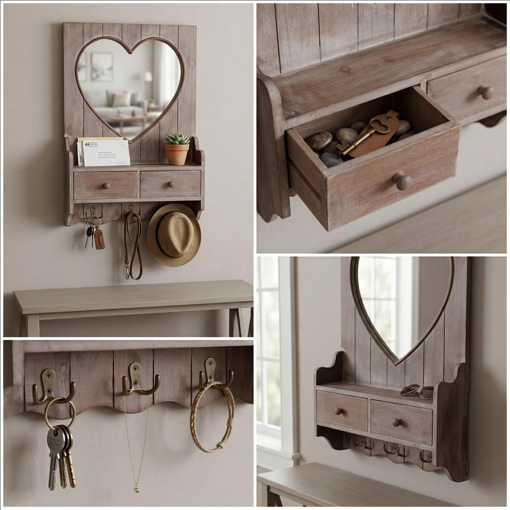 Rustic Farmhouse Wooden Entryway Mirror with Shelf and Hooks, 16"x24" Heart Shape Wood Frame Wall Mirror with Storage