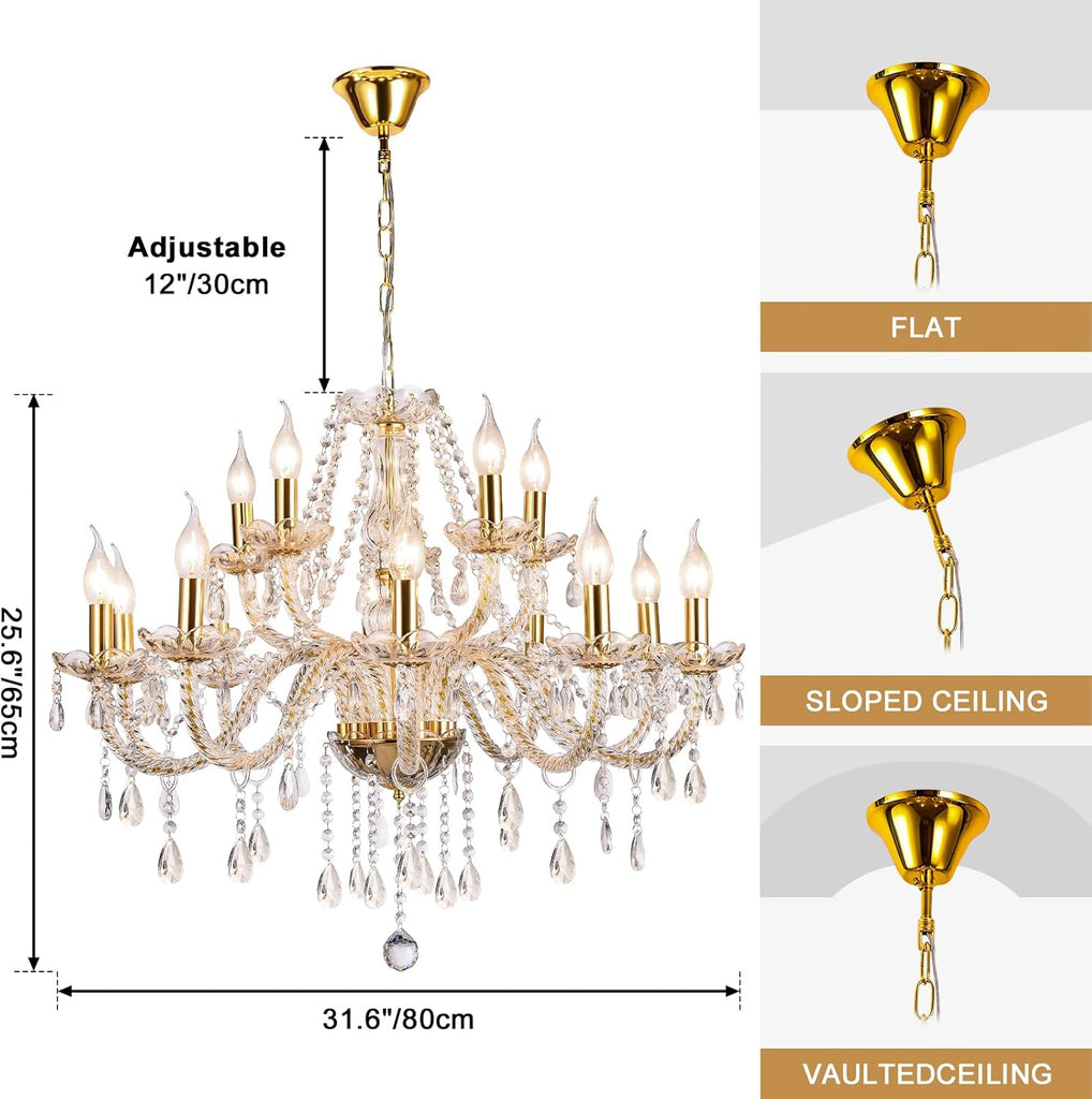 Modern Elegant 15 Lights K9 Crystal Glass Chandelier Golden Pendant Ceiling Lighting European Style for Dining Living Room Bedroom Transparent,15 E12 Bulbs Required A110-B0DRF69KR1