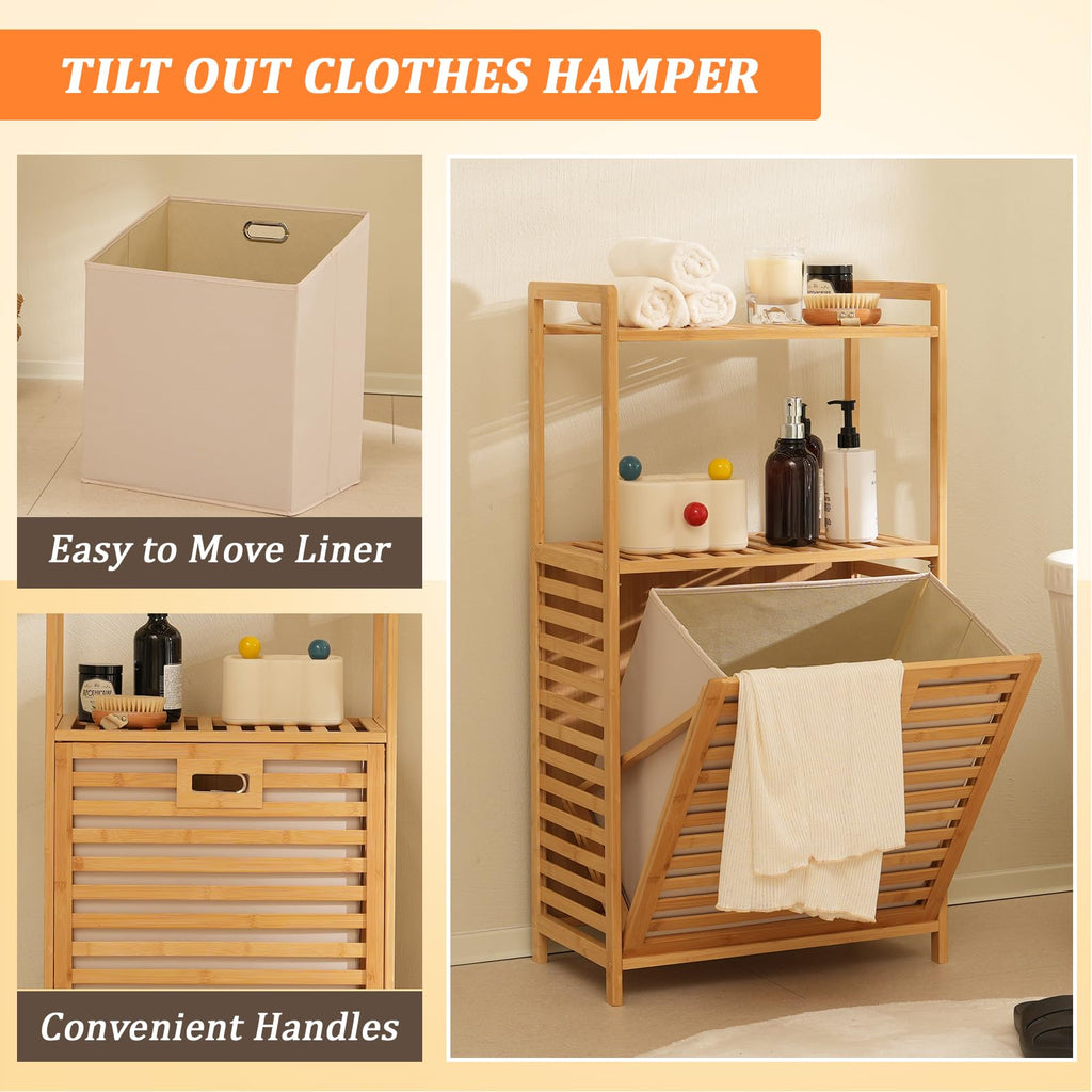 Tilt Out Laundry Hamper with Shelf - Bamboo Laundry Basket, Brown