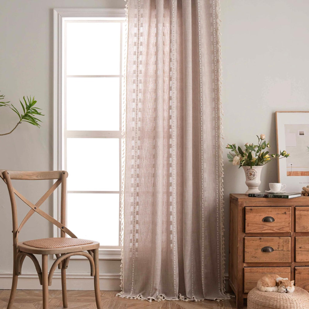 Boho Curtain 84 inches Long Bedroom Nursery, Retro Bohemian Coffee Linen Sheer 84 inches Length Tassel Stripe
