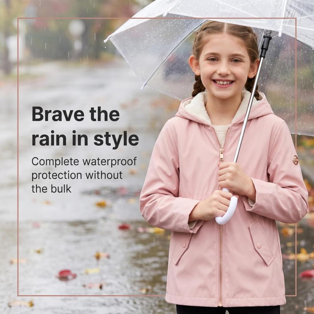 Girls Rain Jacket - Sherpa Lined Hood, Warm Waterproof Coat