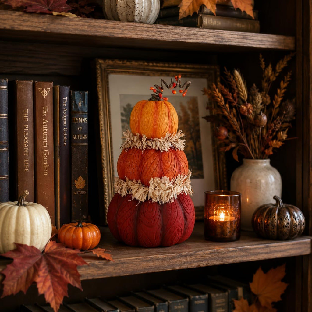 Fall Pumpkin Decor, 7.5in Resin Pumpkins Figurine for Fall Decor, Stacked Knit Textured Pumpkin Fall Decorations