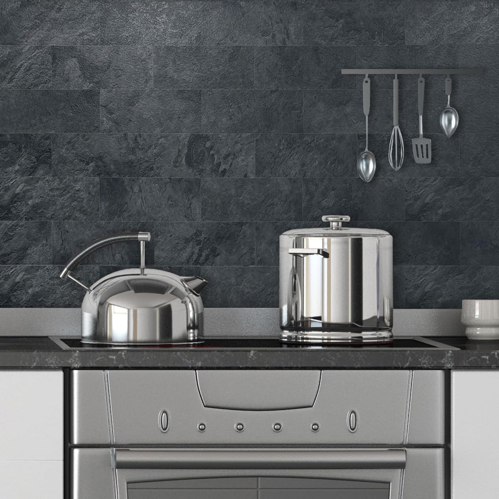 6" x 12" Black Slate Peel and Stick Backsplash Wall Tiles, PVC Faux Stone Stick on Tiles for Backsplash Kitchen