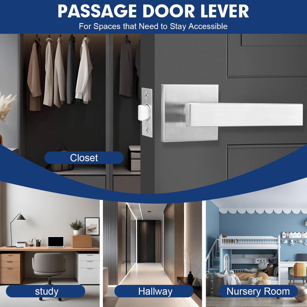 Satin Nickel Passage Door Levers, 6 Pack Heavy-Duty Interior Handles