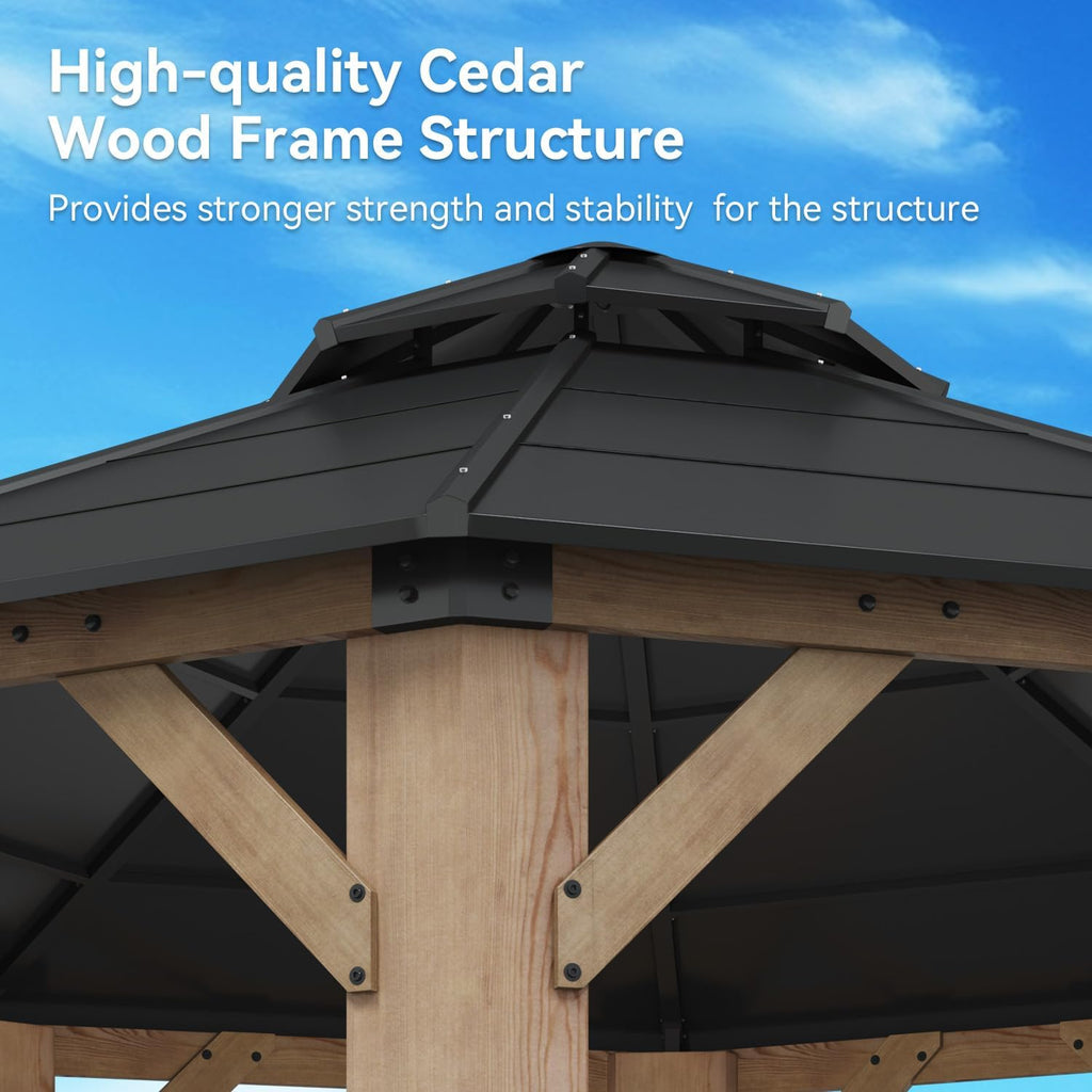 13' x 13' Outdoor Wood Octagon Gazebo, Hardtop Gazebo Permanent Wooden Pavilion with Galvanized Steel Double Roof