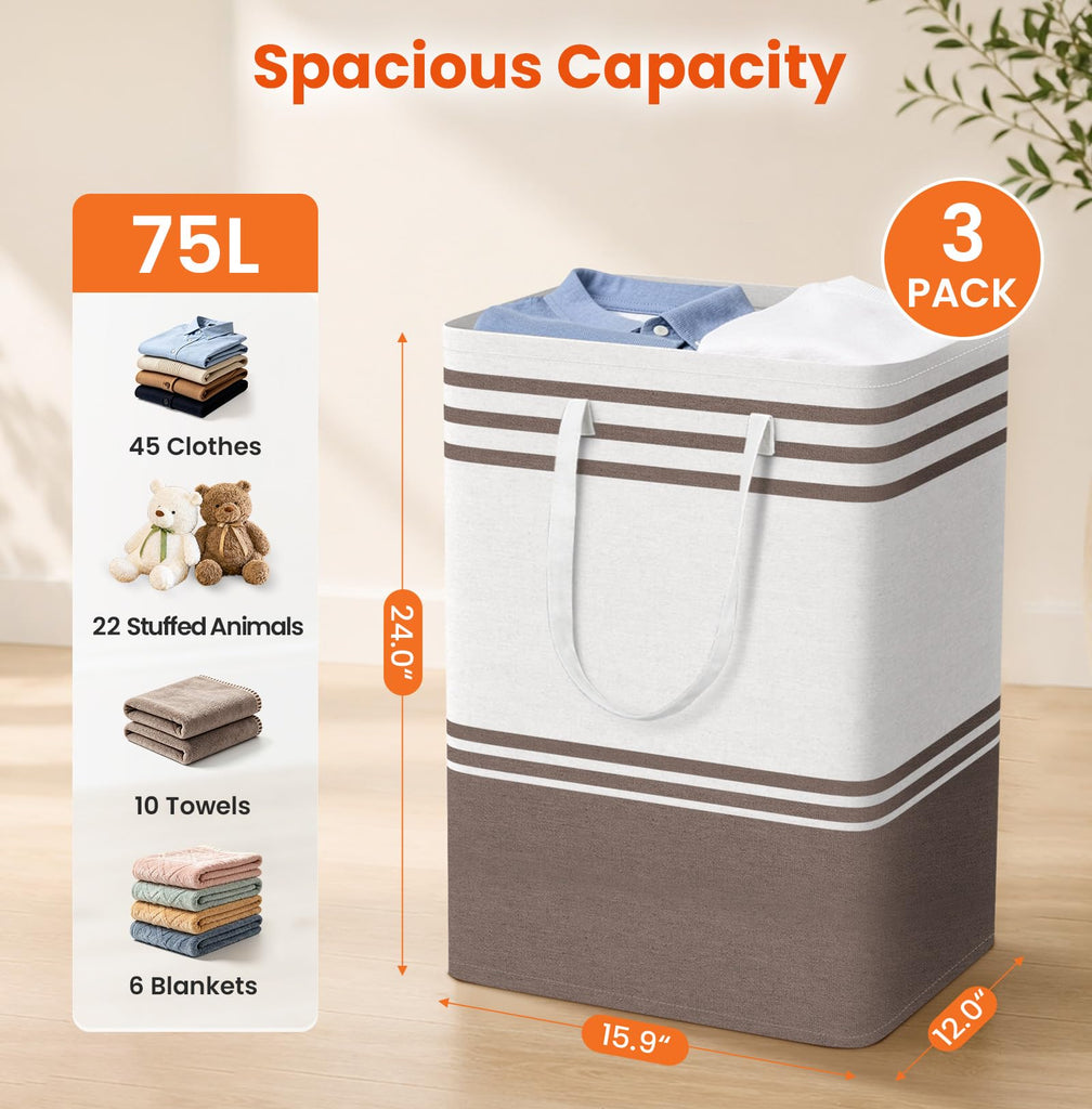 3-Pack Laundry Basket, Laundry Hamper, Khaki-75L