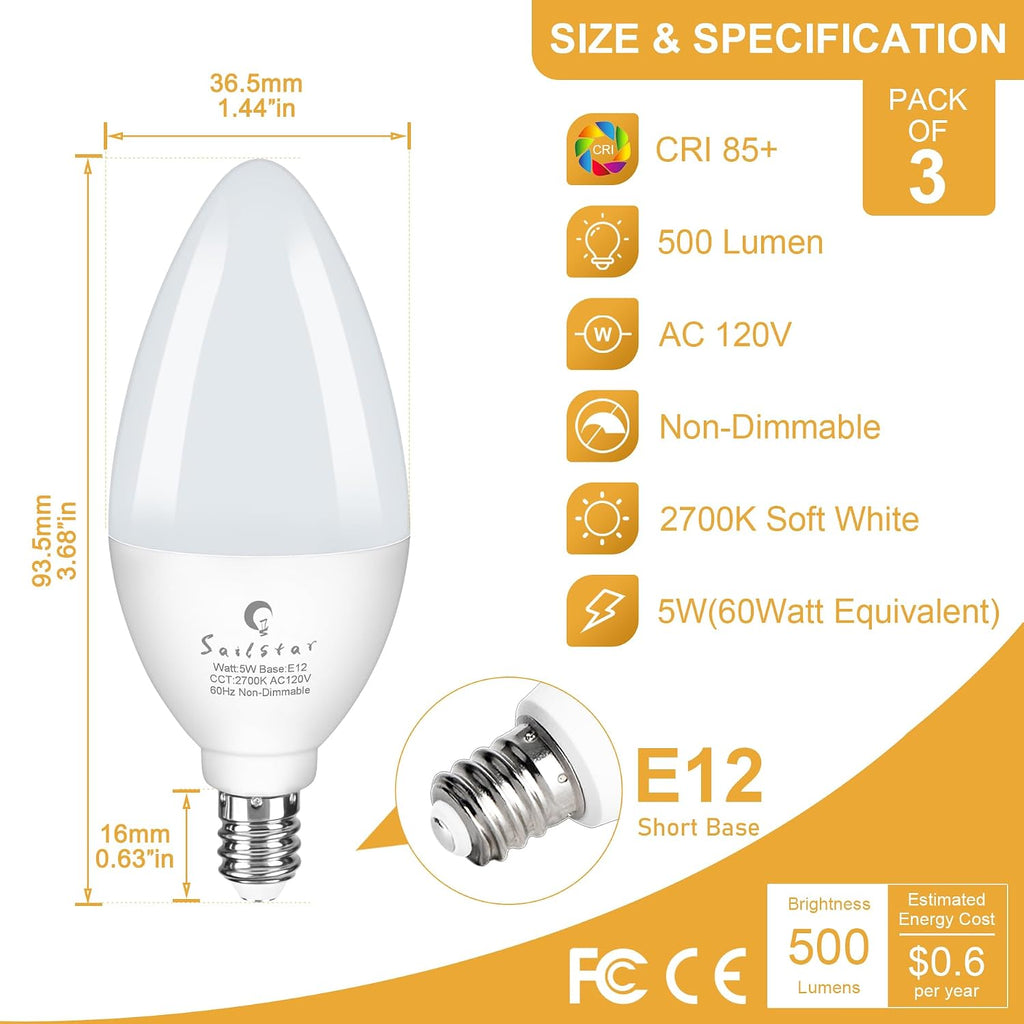 E12 LED Bulb 60W Equivalent, 500 Lumens, Ceiling Fan Light Bulbs Soft White 2700K, Type B Light Bulb 5W, CRI 85, B11