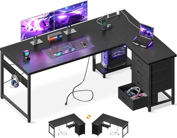 61" L Shaped Gaming Desk with 4 Drawers and Power Outlets, Black