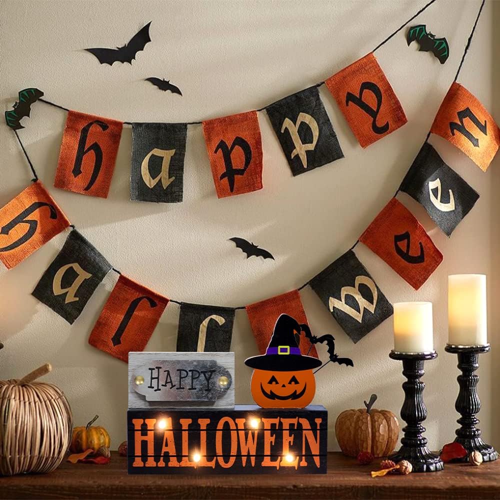 Halloween Decorations Indoor, 2-Layered Wood Block with LEDs & Pumpkin Face, Happy Halloween Sign Decorations