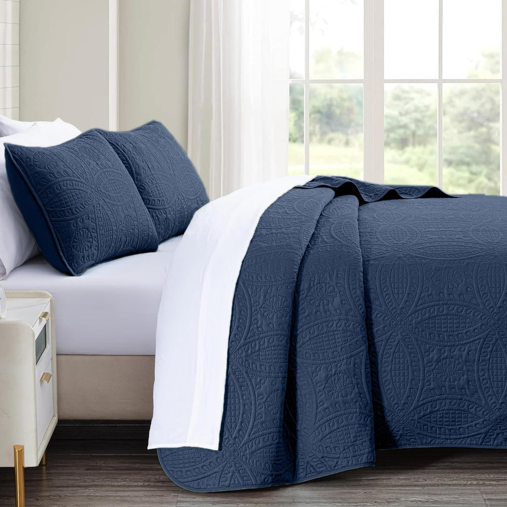 118"x106" Navy Quilt Set, Oversized Floor-Length Bedspread, Modern Coin Pattern Microfiber Coverlet