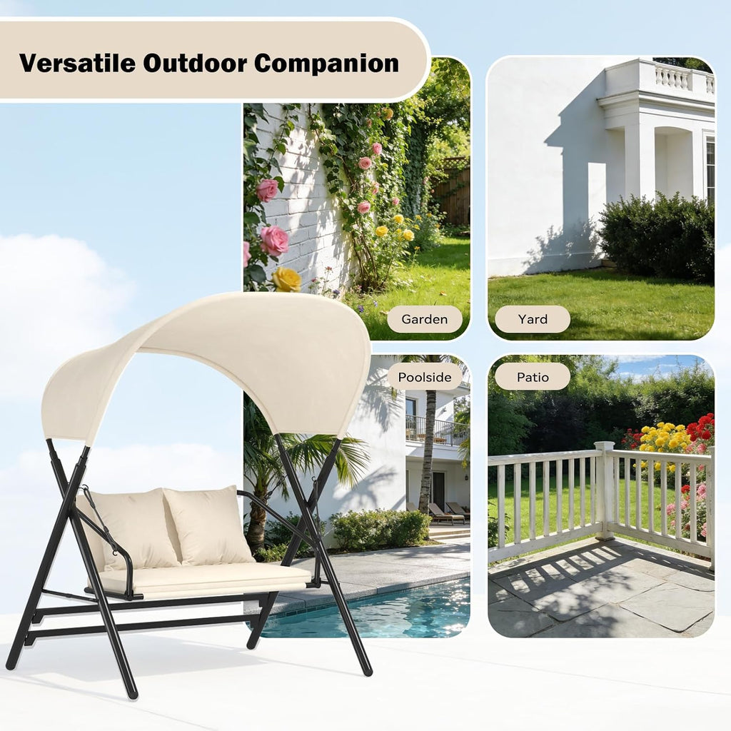 Outdoor Porch Swings for Adults 600LBS 2 Seat Patio Swings with Canopy Stand Thick Cushion Pillows Metal Steel Frame
