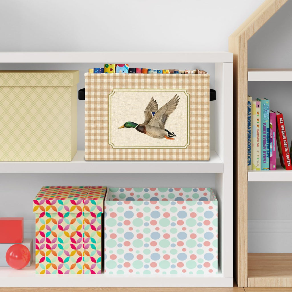 Mallard Duck Checkered Nursery Storage Bins Box with Handles, Beige White Plaid Flying Mallard Laundry Basket Hamper