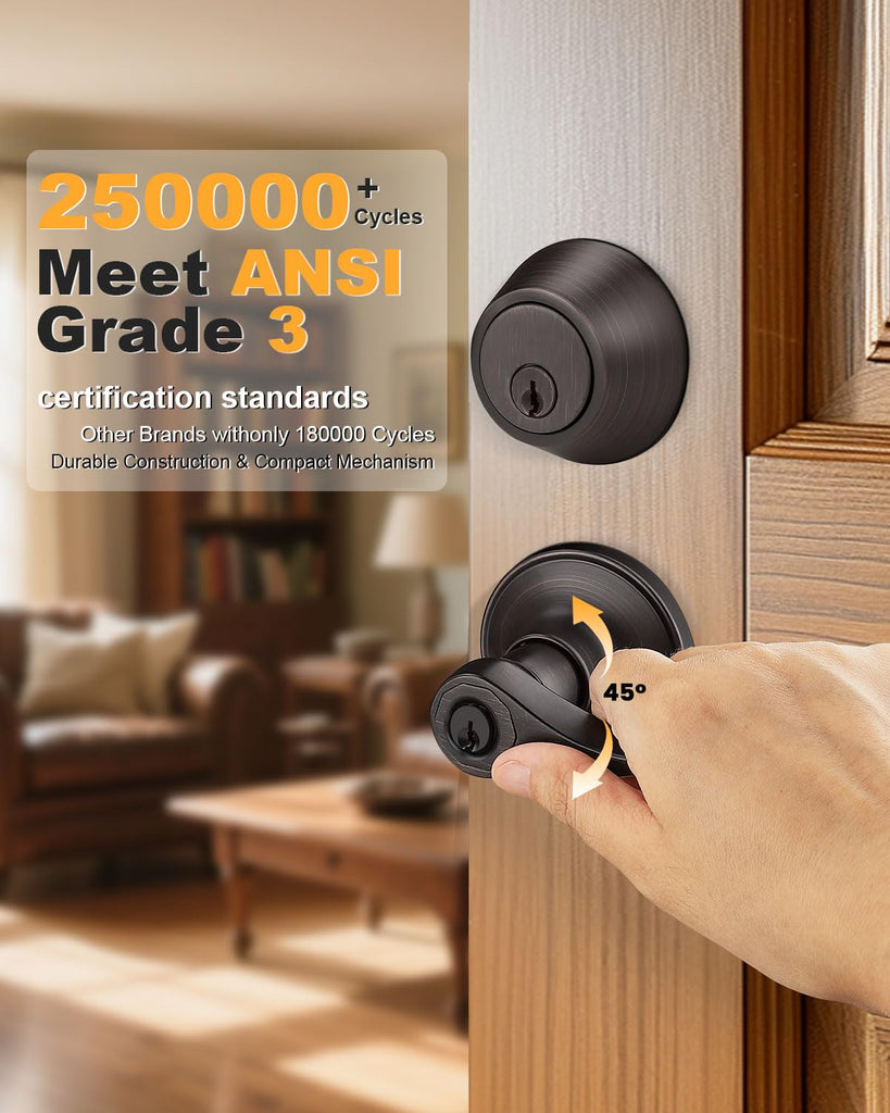 3 Pack Wave Entry Door Levers and Single Cylinder Deadbolt Front Combination Lockset, Oil Rubbed Bronze Keyed Alike