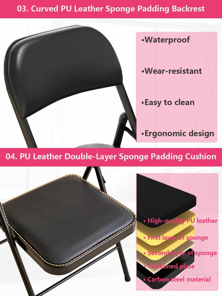 Black Padded Folding Chairs with Cushion 4 Pack, Heavy Duty Steel