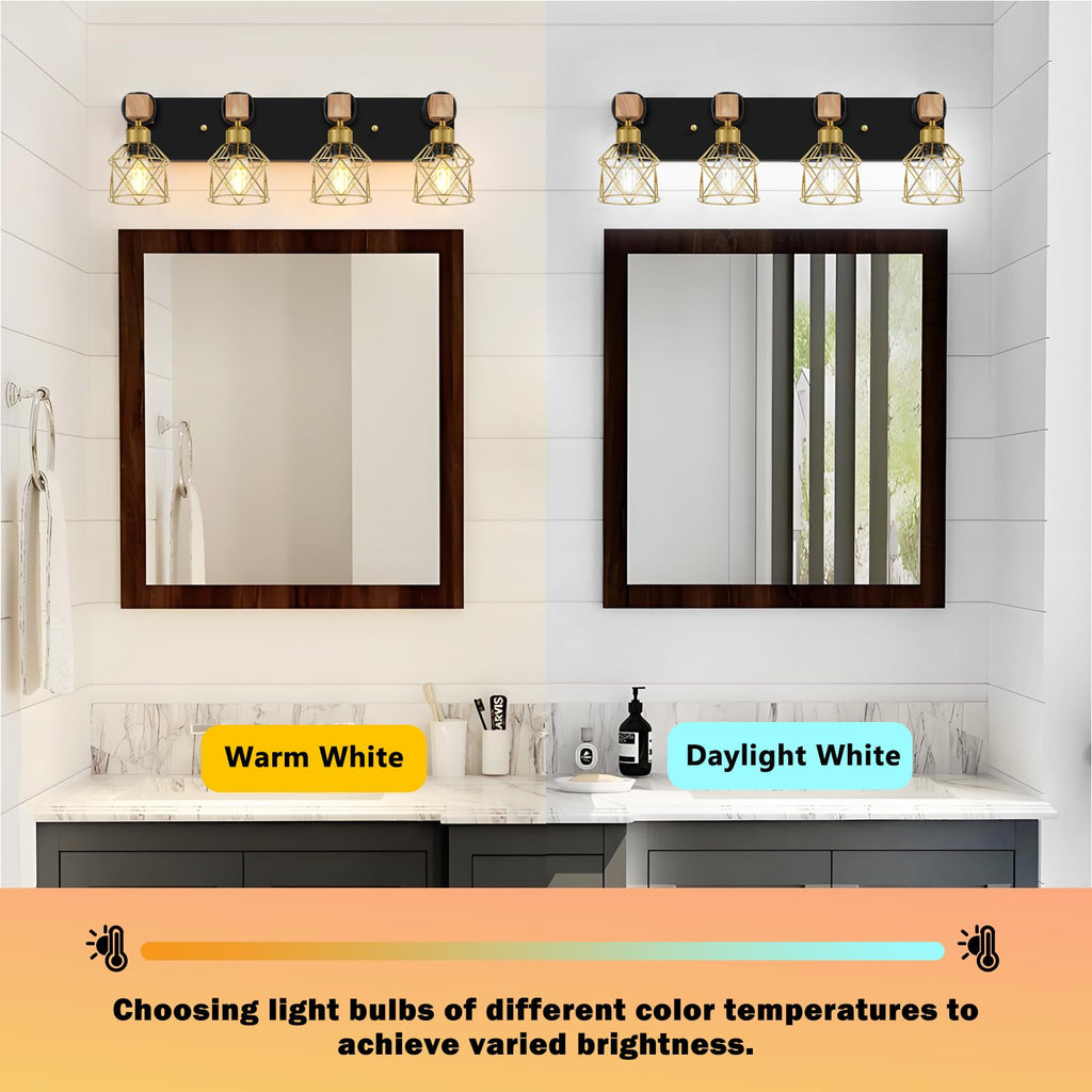 Farmhouse Bathroom Vanity Light Fixtures, 4-Light Wood Bathroom Lighting Over Mirror, Rustic Black Gold Sconces Wall