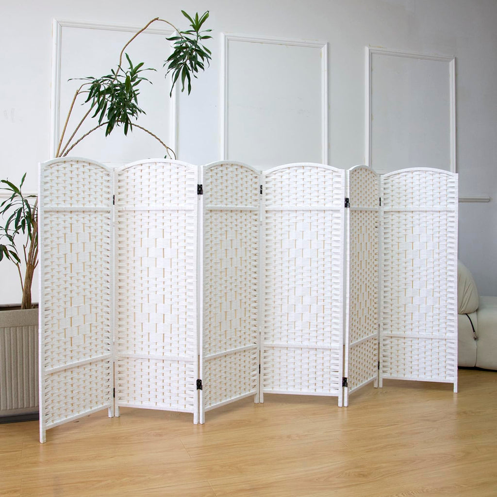 6 Panel Rattan Divider Short Room Partition Screen, Double Sided Folding Divider for Room Separation, White, 47.2" H x