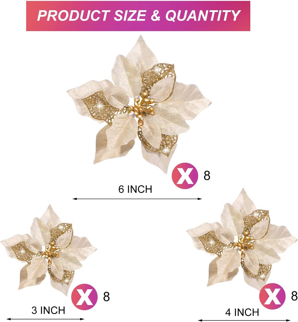Christmas Artificial Glitter Poinsettia Flowers Xmas Flowers Wedding Christmas Tree New Year Ornaments(Gold) - Set of 24