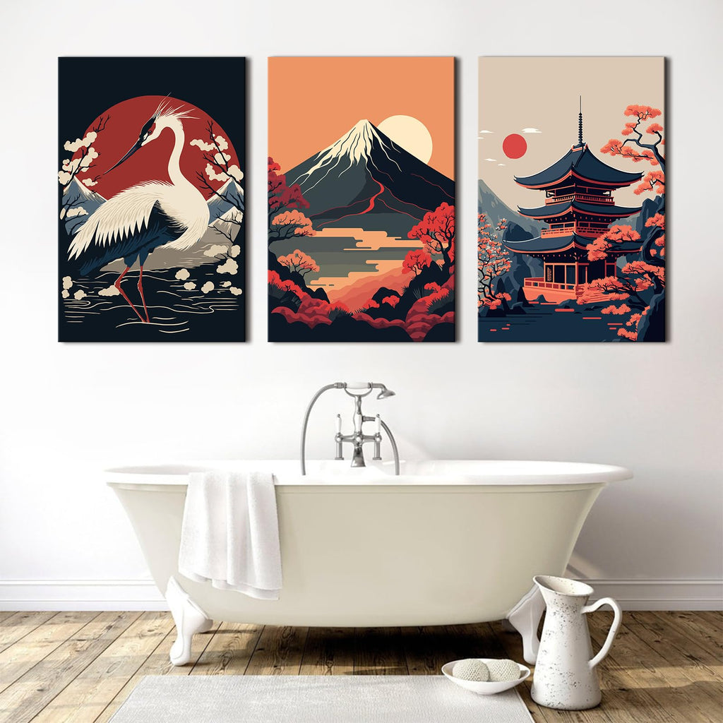 Large Japanese Wall Art Prints Red and Black Sunset Fuji Mountain Canvas Pictures White Crane Posters Retro Asian