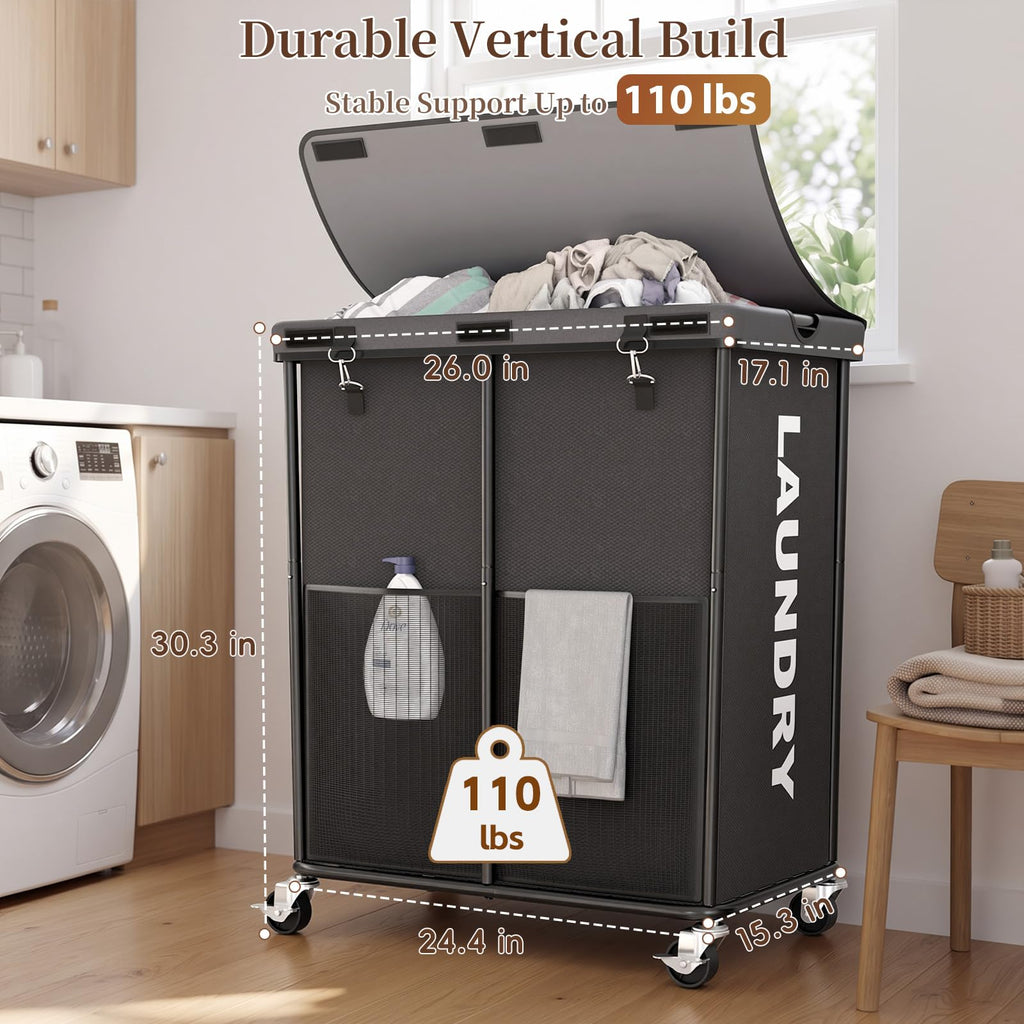 Hamper with Wheels and Lid, 225L Large Rolling Laundry Basket Gray