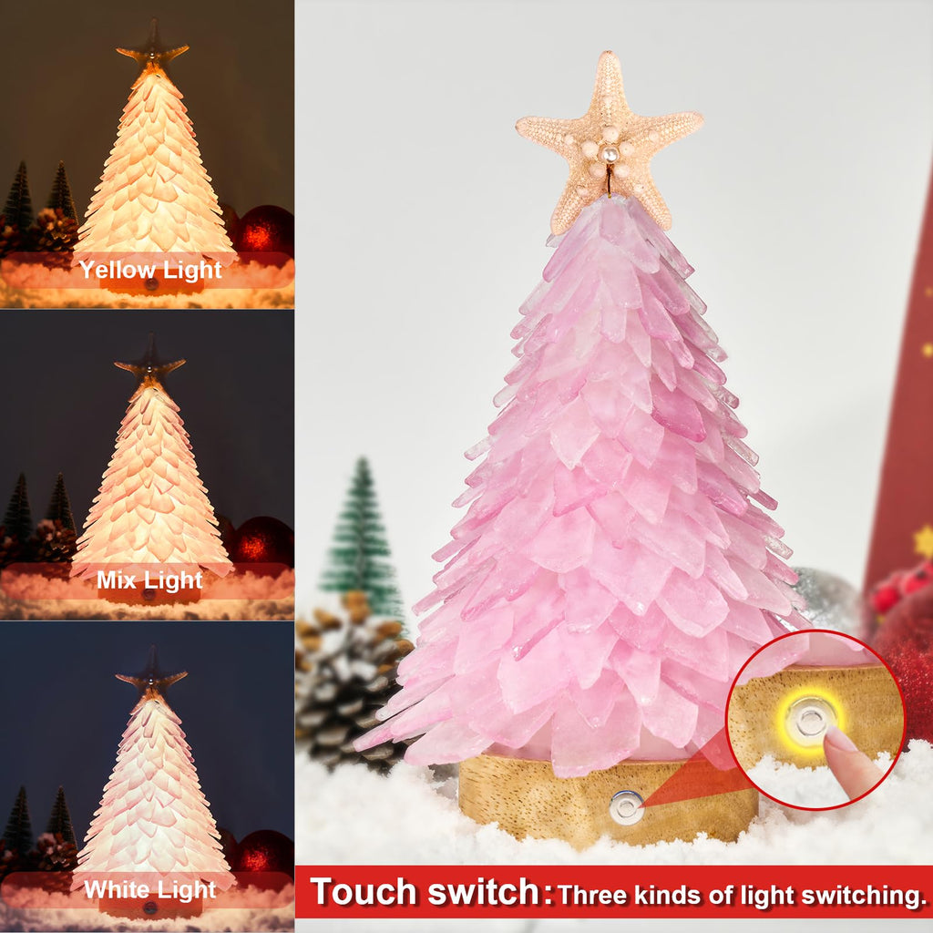 Handcrafted Pink Sea Glass Christmas Tree with LED Lights Table Centerpiece