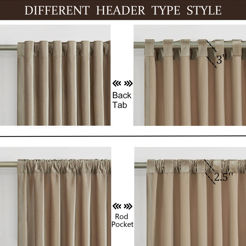 Full Blackout Champagne Beige Velvet Curtains 120 inch Long, Set of 2 Liner Rod Pocket Back Tab Thermal Window