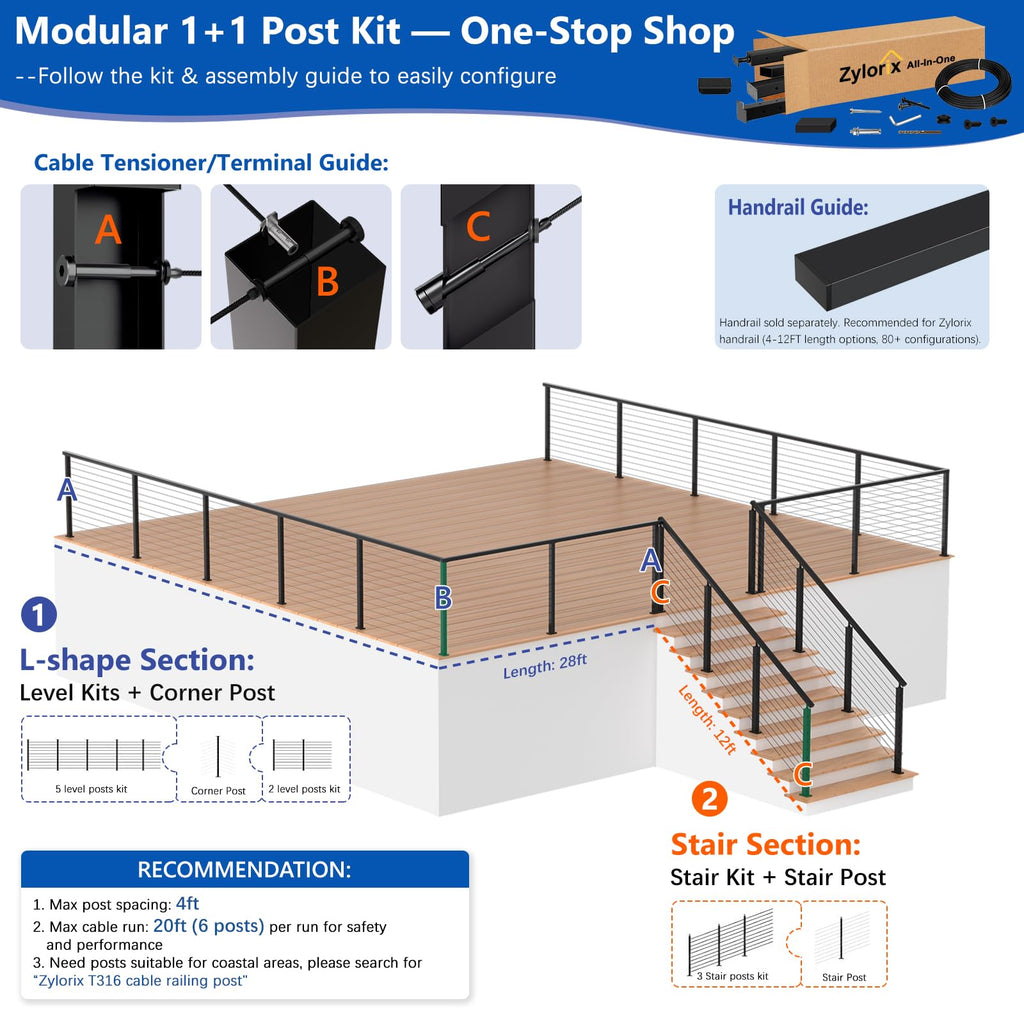 36" Modular 12-16FT Cable Railing Post Kit for Deck Surface Mount