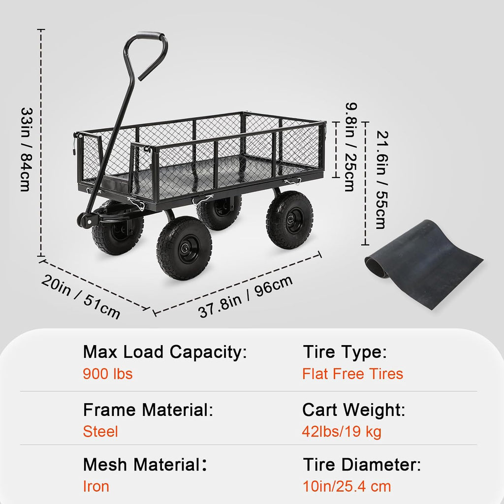 Heavy Duty Garden Wagon Cart - 880 LBS Steel Utility Cart with All-Terrain 3.50-4" Solid Wheels, 10" Tires, 180°