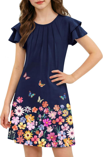Girls Summer Dress Tween Flutter Sleeve Pleated Front Dresses