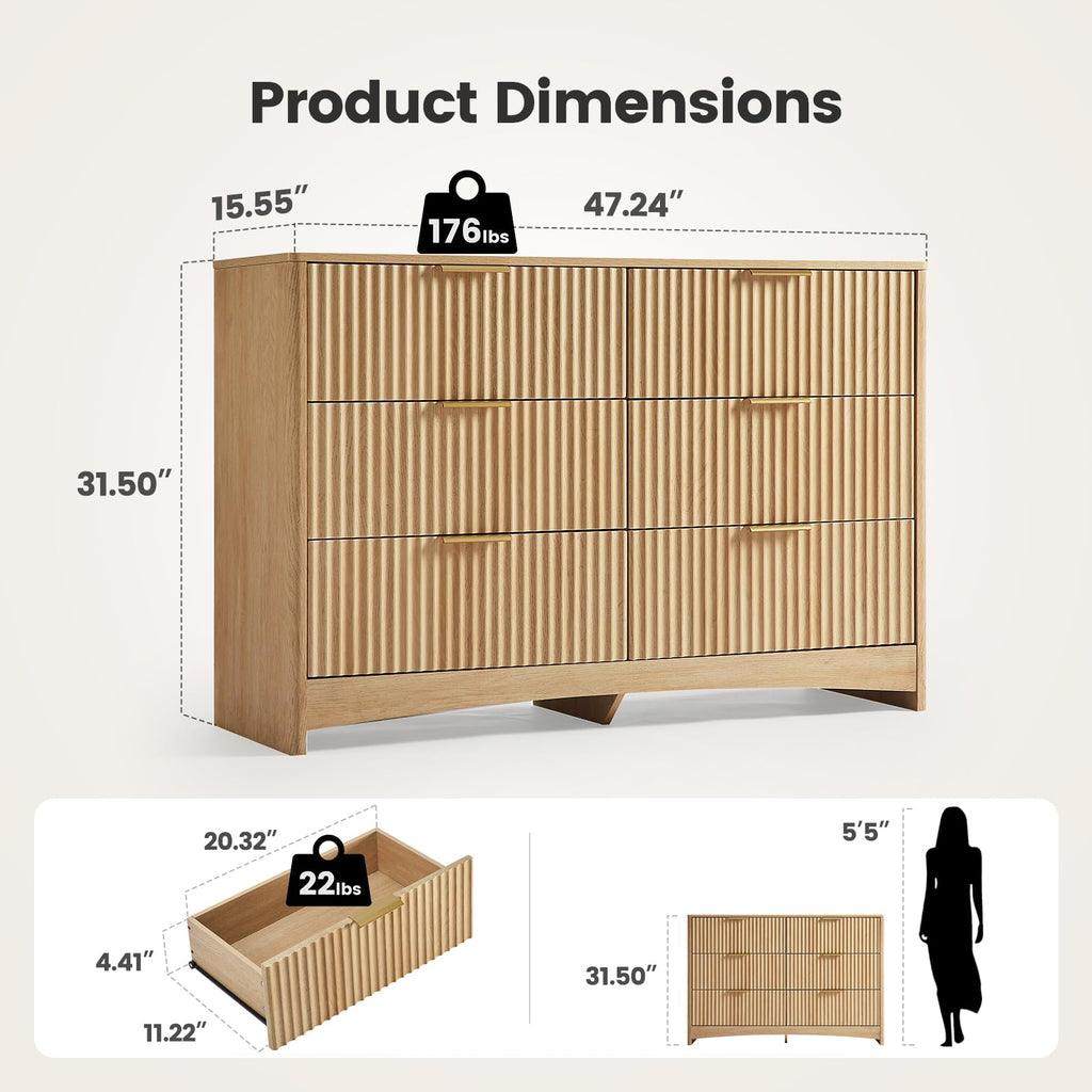 Fluted 6 Drawer Dresser, Modern Wood Chest of Drawers, Natural Oak