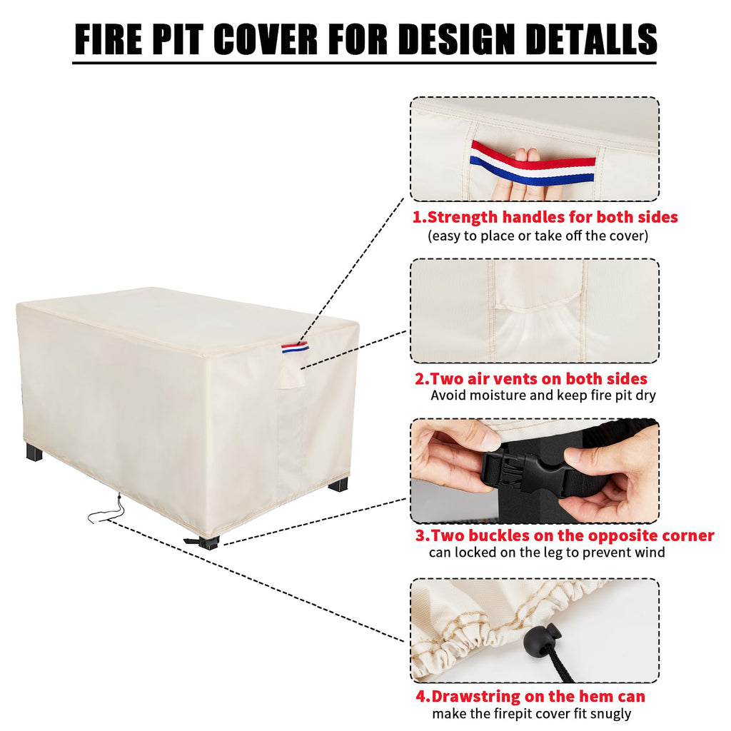 Fire Pit Cover Rectangular Waterproof 600D, 60 x 24 x 26 Inch Beige