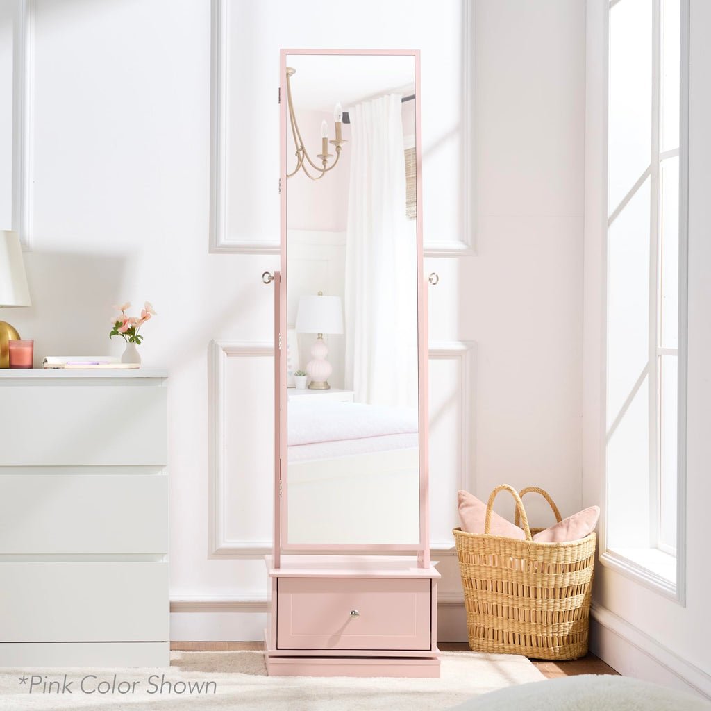 360 Swivel Mirrored Jewelry Cabinet, Standing Armoire, Makeup Storage Organizer, w/LED-lit Mirror, 3 Shelves
