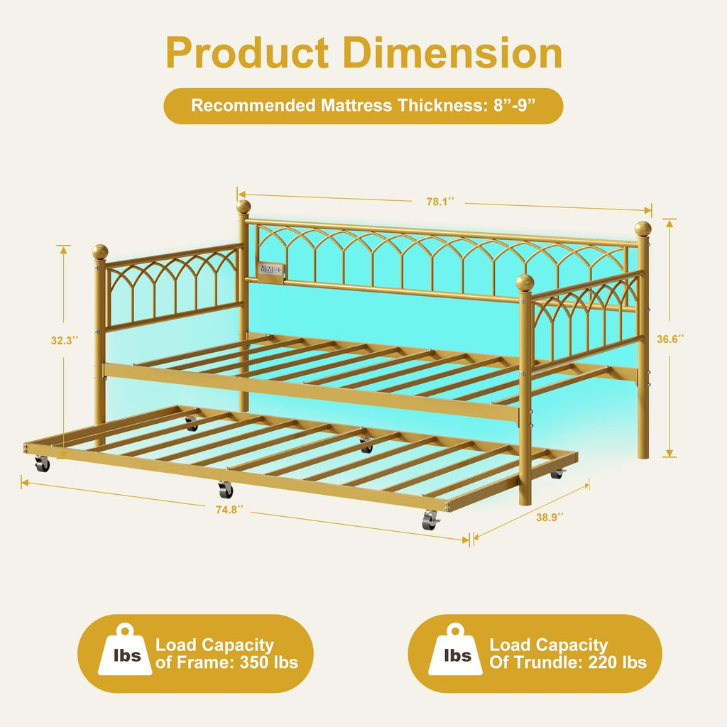 Twin Gold Daybed with Trundle with Charging Station, Led Light
