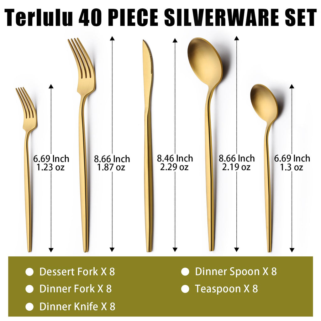 40 Piece Gold Silverware Set for 8, Stainless Steel Flatware Set, Gold Cutlery Set Utensils Set, Tableware Include