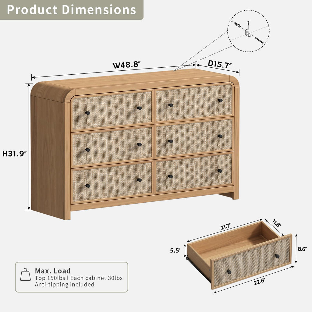 6 Drawer Dresser, 49'' Rattan Dresser