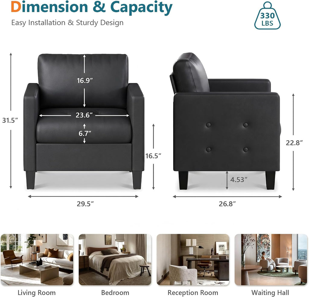 Black Accent Chairs, Faux Leather Living Room Chair - Set of 2